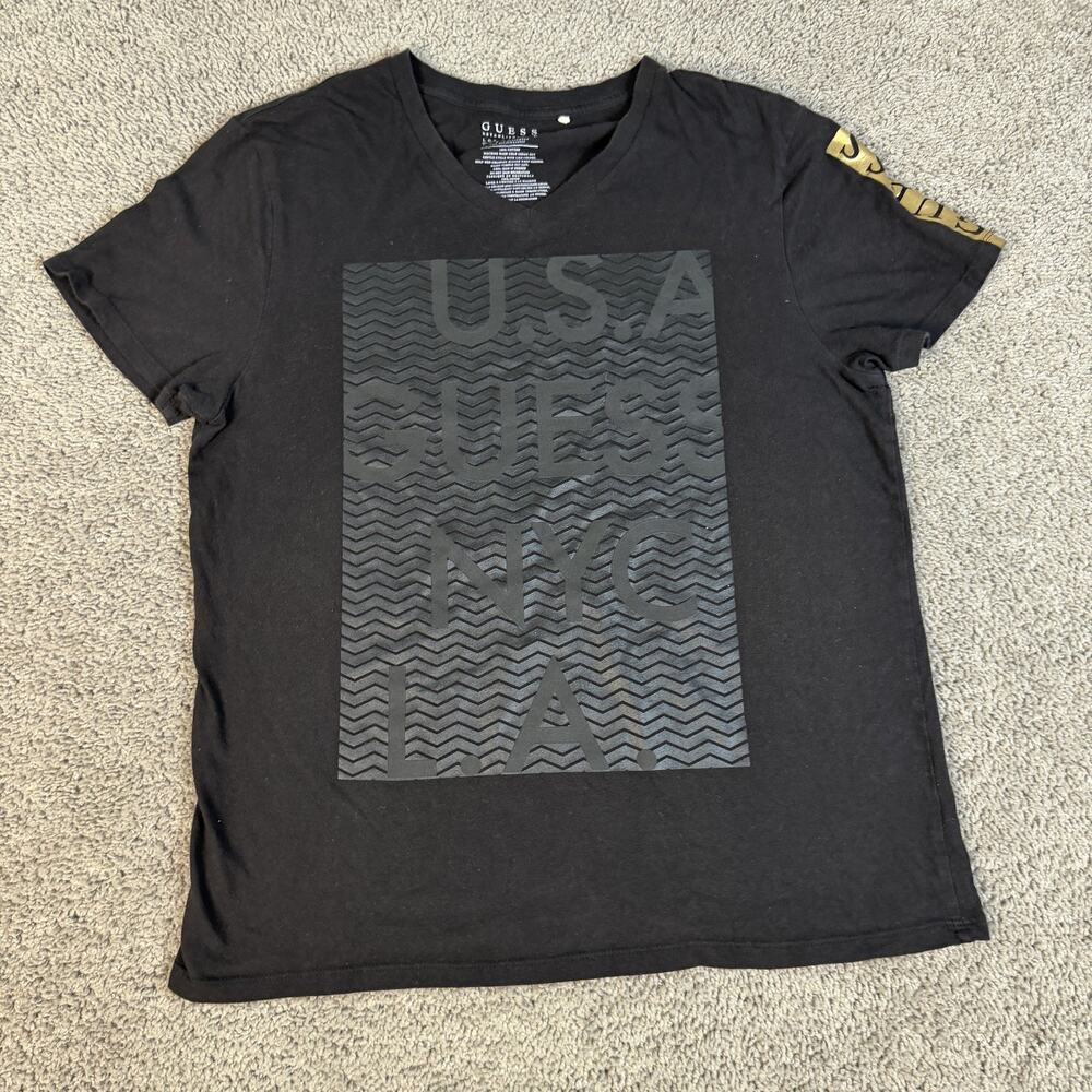 GUESS Shirt Mens L Black USA NYC LA Graphic V-Neck Cotton Short Sleeve Tagless
